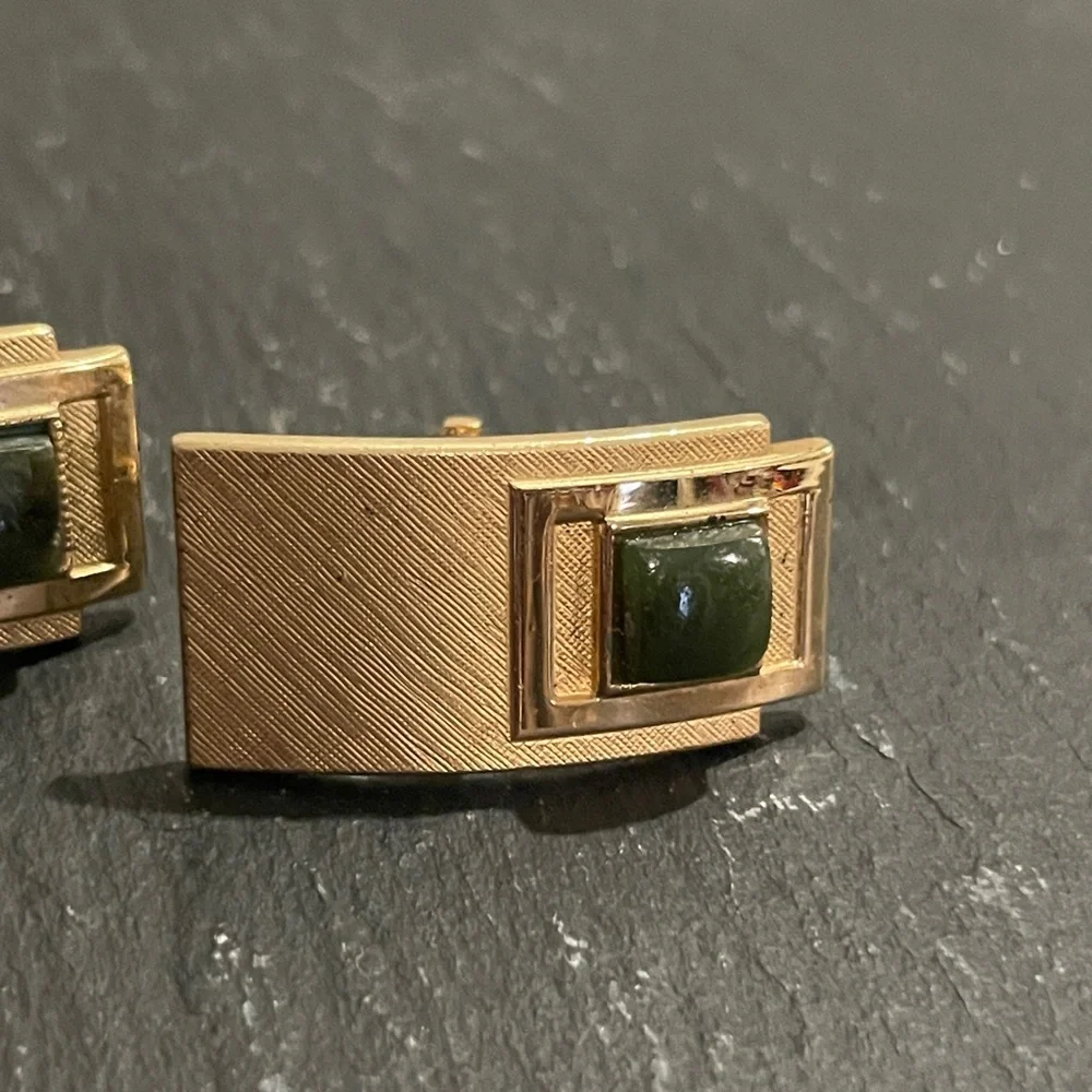 Vintage Swank Gold-tone Cufflinks with Green Jade Stones Bullet Back